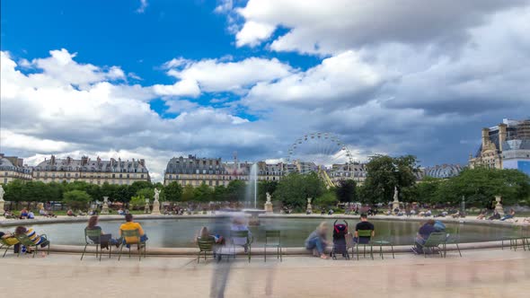 People Relaxing in Tuileries Palace Open Air Park Near Louvre Museum Timelapse Hyperlapse