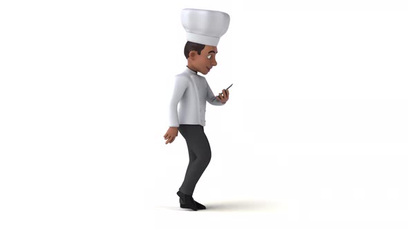 Fun 3D cartoon chef walking with a mobile phone