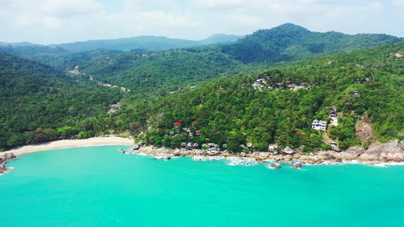 Aerial view travel of marine lagoon beach journey by turquoise sea and white sand background of a da