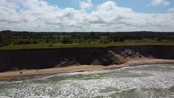 Coastline Baltic Sea Ulmale Seashore Bluffs Near Pavilosta Latvia. Aerial Dron 4K Shot