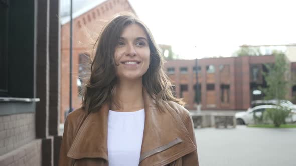 Walking Smiling Successful Beautiful Girl, Outside Loft Office