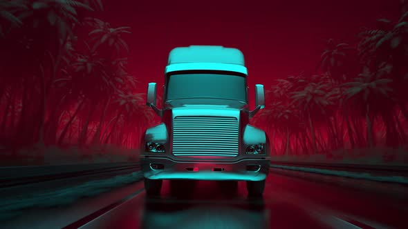 Semi truck with trailer driving towards the city. Synthwave stylized loop. 4K