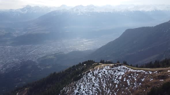 Picturesque View From The Peak Of Nordkette Mountain In Tyrol, Innsbruck, Austria On A Misty Day. ae