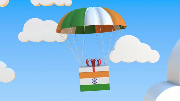 Carton with Flag of India Falls with a Parachute