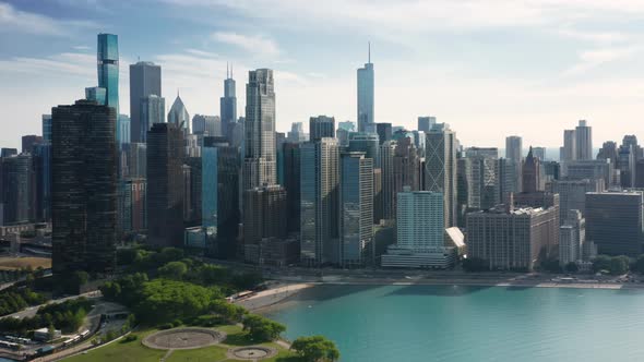 Aerial of Milton Lee Olive Park and Ohio Street Beach Chicago Background USA