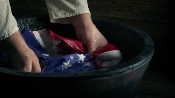 American Flag Is Hand Washed In Tub Historical Scene