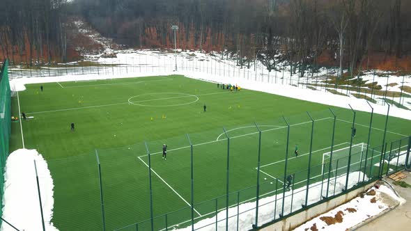 A Football Field in Winter From a Bird's Eye View