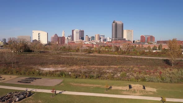 Columbus, Ohio skyline drone video shot low to high.