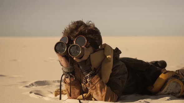 Postapocalyptic Warrior Boy Outdoors in a Wasteland