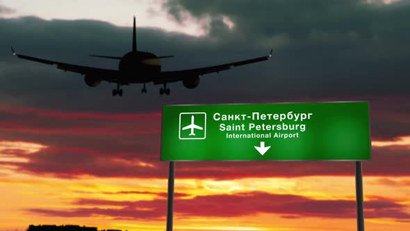 Plane landing in Saint Petersburg Russia airport