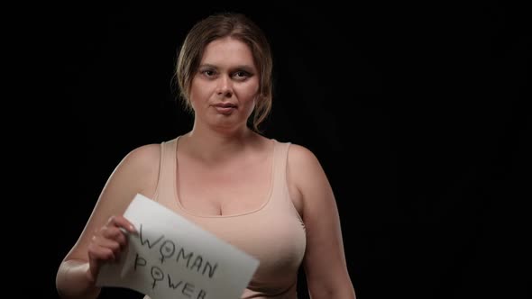 Self Confident Plus Size Caucasian Woman Looking at Camera Raising Woman Power Poster Gesturing