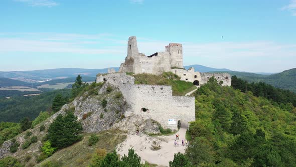 Aerial view of Cachtice Castle in the village of Cachtice in Slovakia