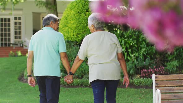 Video of back view of biracial senior couple holding hands in garden