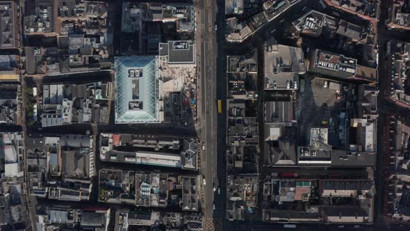 Aerial Birds Eye Overhead Top Down Panning View of Streets in City at Houses of Parliament