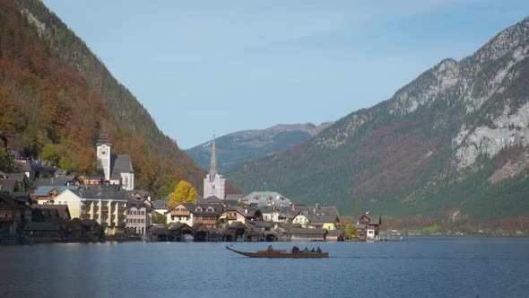 Autumn Colors in Famous Tourist Destination Idillyc Town Hallstatt in Austrian Mountains Alps