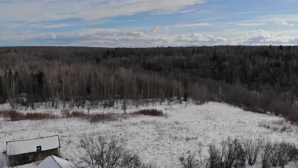 Aerial Panoramic Beautiful Home in the Village Landscape View Winter Period Forest Trees Covered