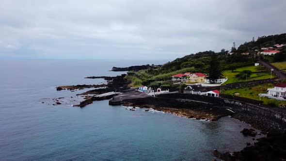 Aerial shot towards the coast at Manadas in Sao Jorge Island, Azores. Portugal