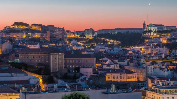 Lisbon Aerial Cityscape Skyline Night to Day Timelapse From Viewpoint of St