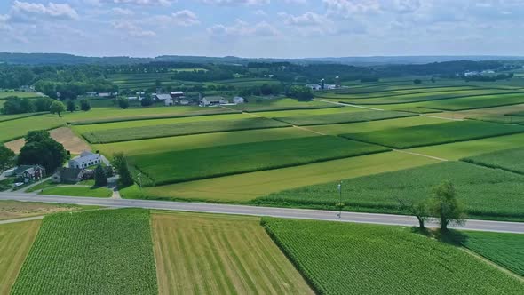 Aerial Traveling View of Corn Fields and Harvesting Crops, with Patches of Color