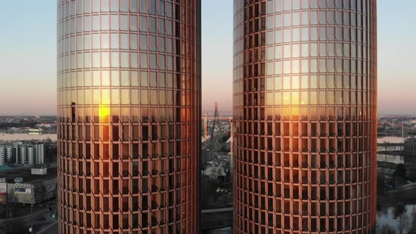 Full scale aerial drone reveal view of tallest apartment and office skyscraper building in Riga, Lat