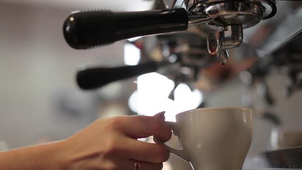 Close Up Footage of Pouring Coffee in Cup. Barista Woman Making Double Espresso