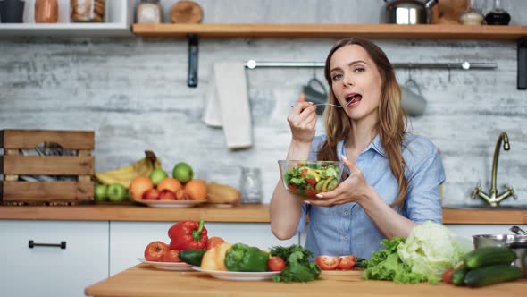 Dieting Vegan Female Eat Vegetable Enjoying Healthy Lifestyle