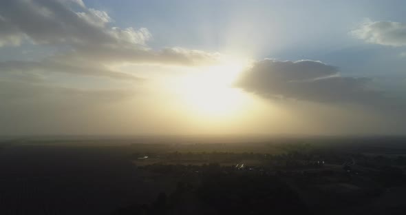 Aerial Countryside View Misty Sunset Enjoying