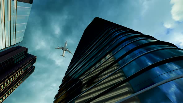 The Plane Flies Over The Buildings