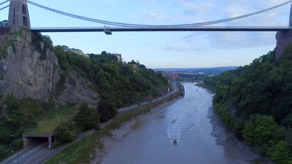 Rising Aerial View of Clifton Suspension Bridge and Bristol City