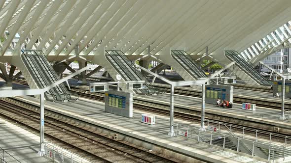 Railway station Liège-Guillemins in Belgium. People on escalators, train arrival and departure  - Ti