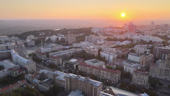Ukraine, Kyiv : City Center in the Morning at Sunrise. Aerial View. Kiev.