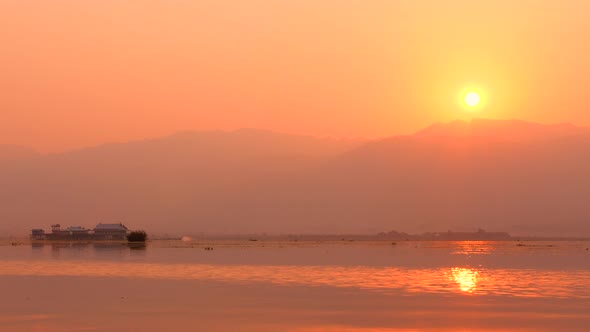 Beautiful Sunrise On The Inle Lake.  Slow Motion Footage. Myanmar