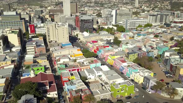 Scenic aerial wide drone shot above central Cape Town, South Africa with scenic view of harbor and d