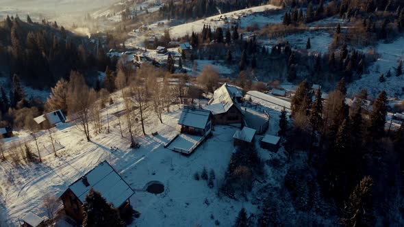 Aerial View of the Village in Winter Mountains, Aerial View of Sunrise in the Winter Mountains