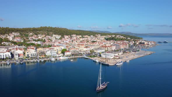 Aerial drone video of Argostoli, famous city and capital of Cefalonia island at dawn, Ionian, Greece