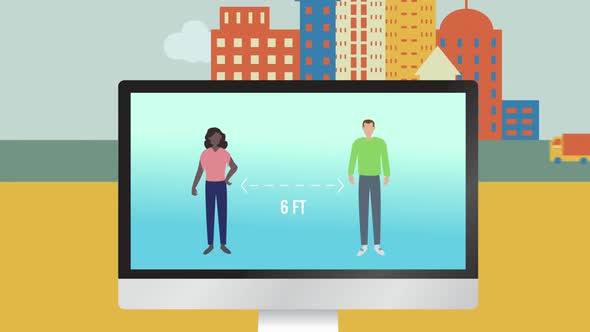 Animation of people in a laptop screen social distancing with buildings and roads behind