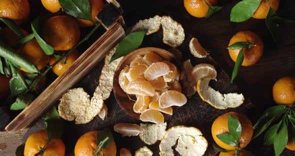 Peeled Fresh Mandarin on the Plate Slowly Rotates. 