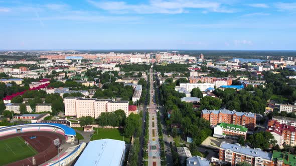 Aerial view of city at summer. Real estate, top down view of residential houses.