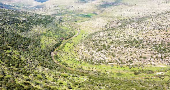 Aerial View of the landscape of the wooded hills and the paths, Bi'r Saricah.