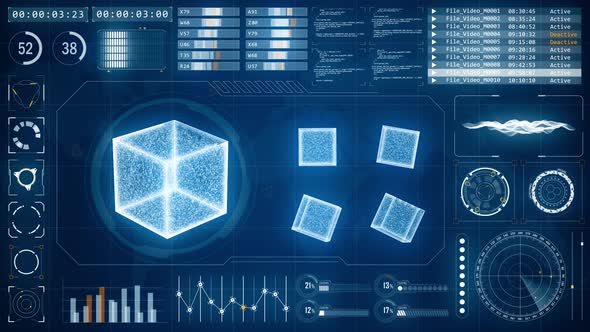 Blue futuristic cube with head up display technology interface screen and futuristic elements alt