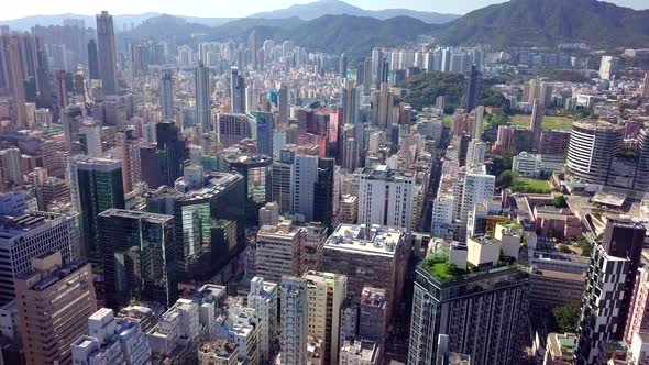 Drone fly over the Hong Kong urban city