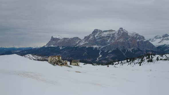 Aerial, Ruins Of Abandoned Buildings In The Middle Of Beautiful Winter Landscape