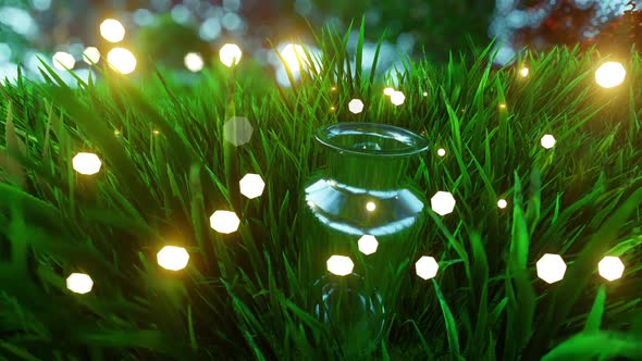 Glowing fireflies on a grass filed HD