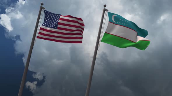 Waving Flags Of The United States And The Uzbekistan 4K