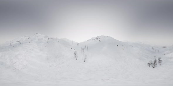 VR 360 Camera Moving Above Snow Rocky Mountains