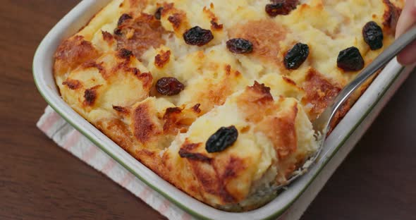 Homemade baked bread pudding on the table