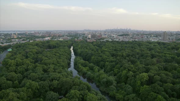 Flying Over Bronx River Parkway Viewing the NYC Skyline