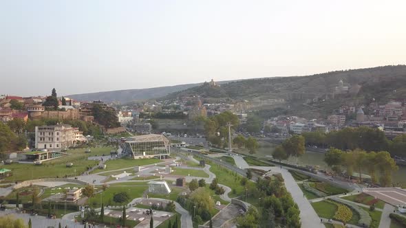 Aerial view of Rike Park. Metekhi Bridge. Tbilisi. Georgia