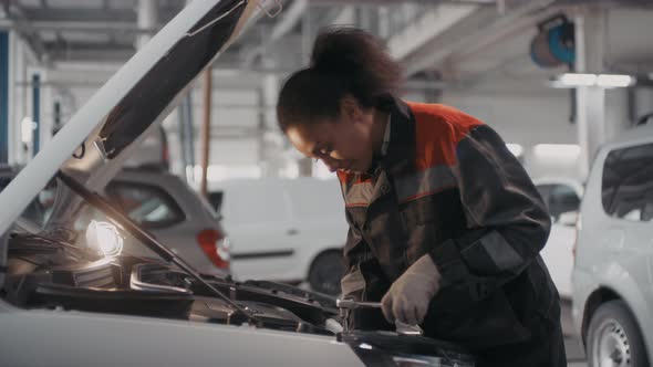 Female Auto Mechanic Fixing Car