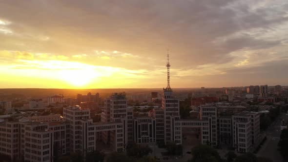 Kharkov Historical and Famous Building in Front and Top Against the Background of a Beautiful Sunset